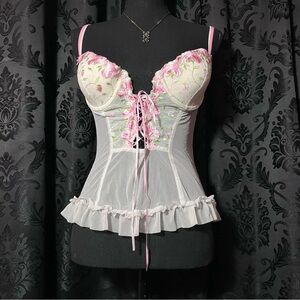 delicates White Mesh Lace-Up Bustier with Pink Floral Embroidery